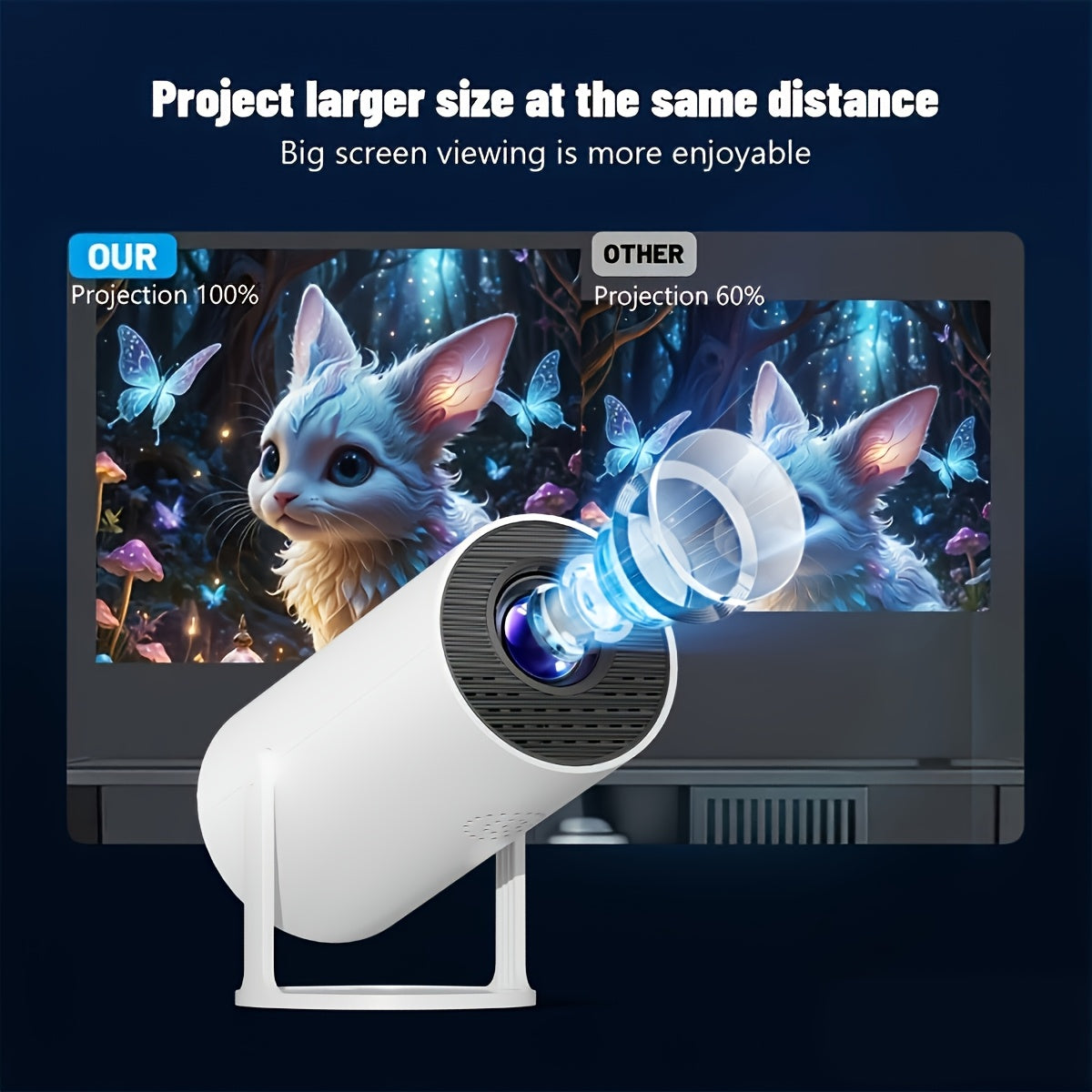 Mini projecteur Full HD 1080p with a sleek white design, projecting vibrant images on a large screen.