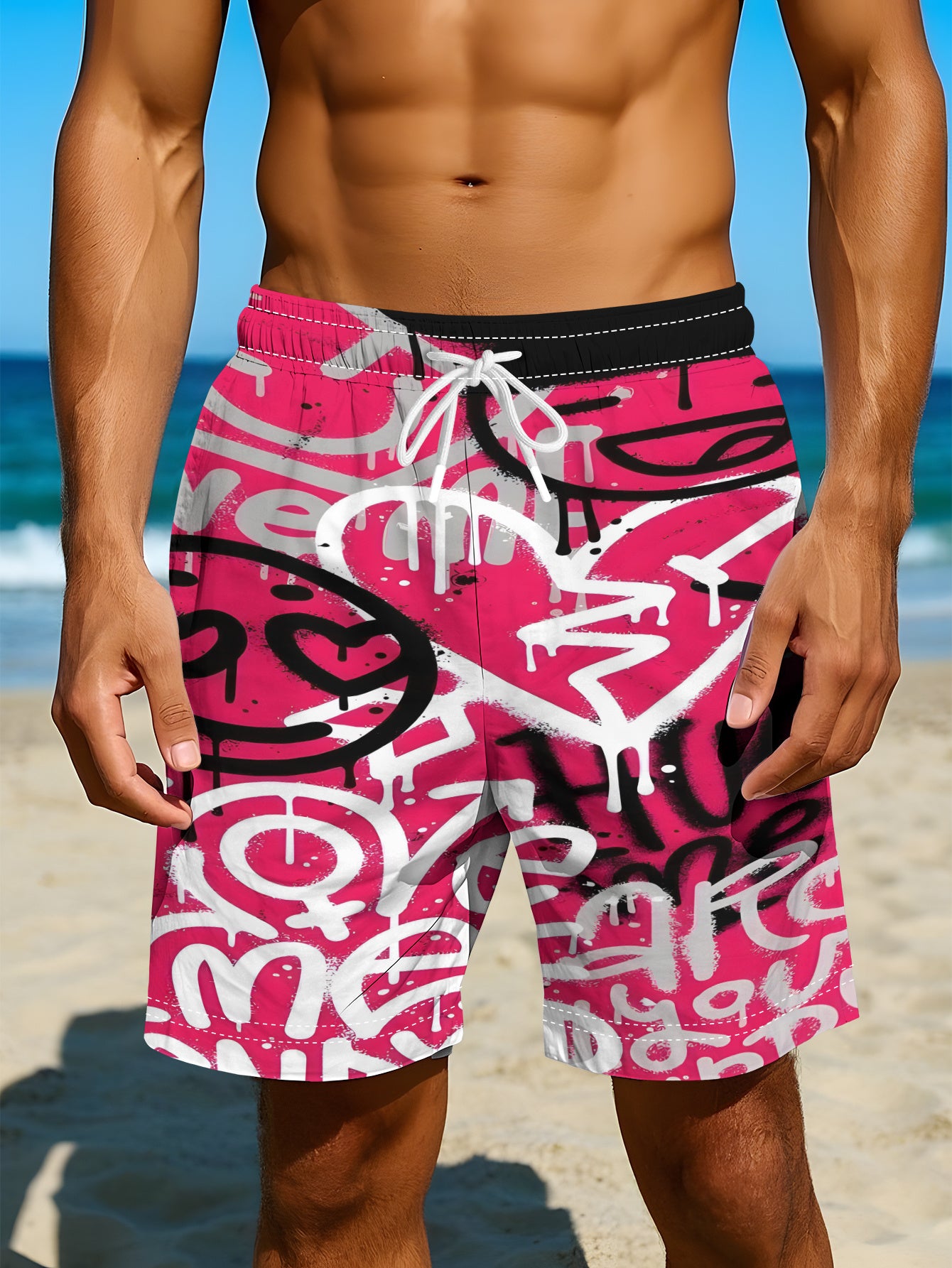 Short Homme Decontracte Imprime Graffiti Rose 100% Polyester Plage Ete - S au XXL