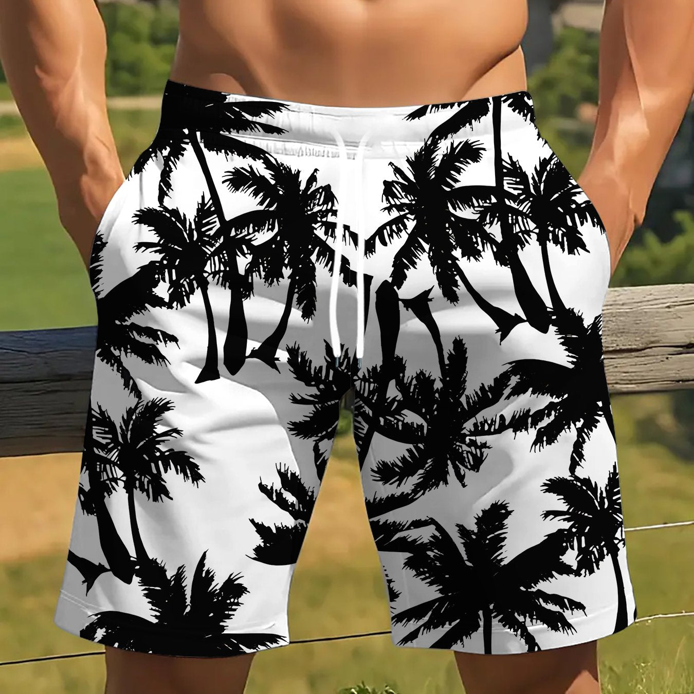Short Homme Motif Cocotier – Noir sur Fond Blanc, 100% Polyester & Coupe Décontractée | FR S à XXL