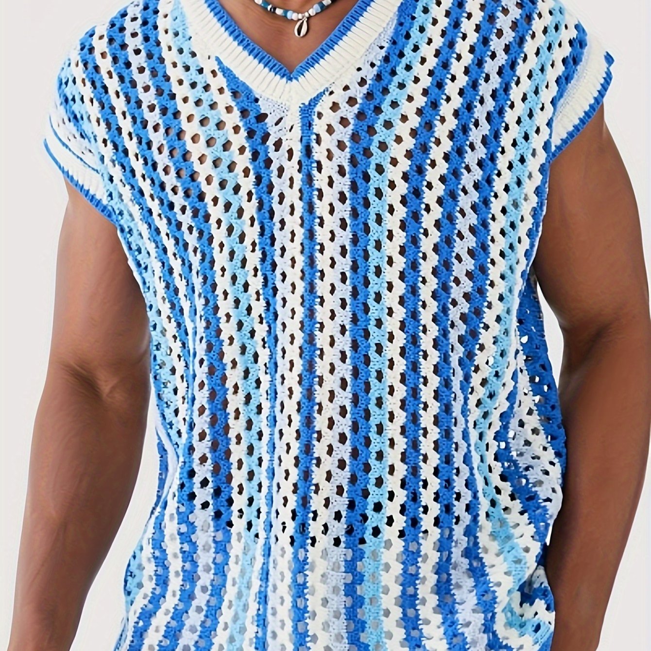 Gilet Ajoure Crochet Col V Sans Manches - Style Vacances Rayures FR S a XXL
