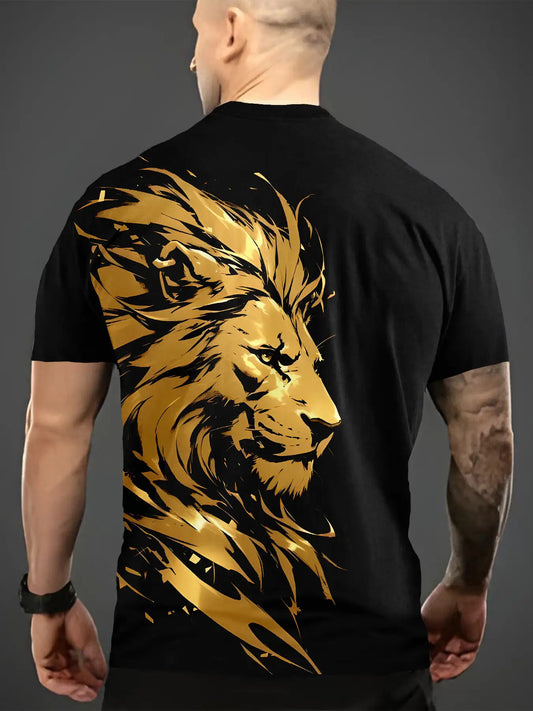 T-Shirt Homme Col Rond Manches Courtes Imprime Lion Numerique Decontracte - 100% Polyester Noir FR S-XXXL