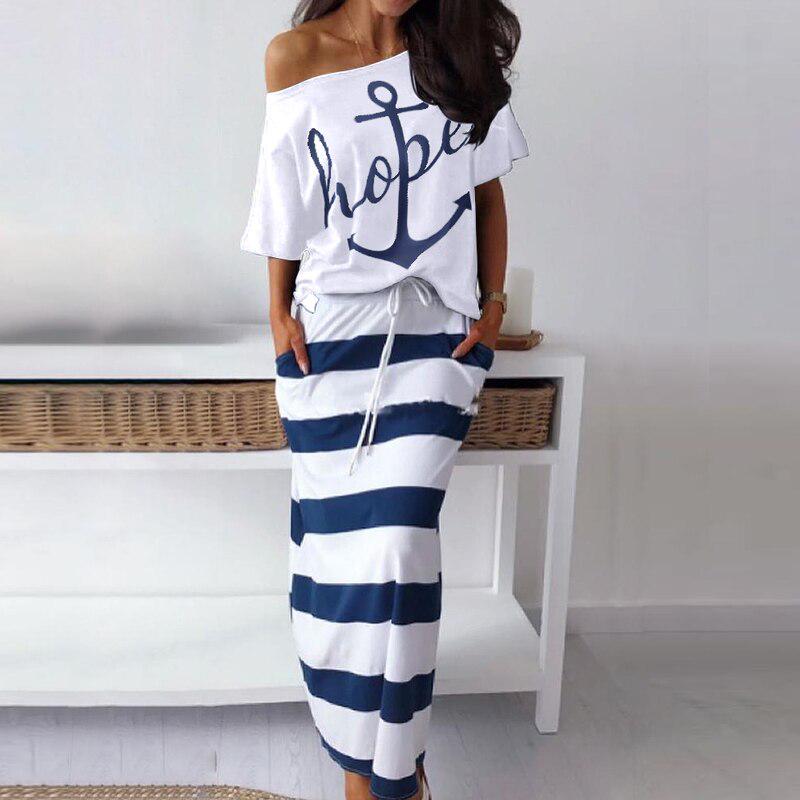 Ensemble t-shirt manches courtes et jupe imprimé ancre - Style décontracté femme