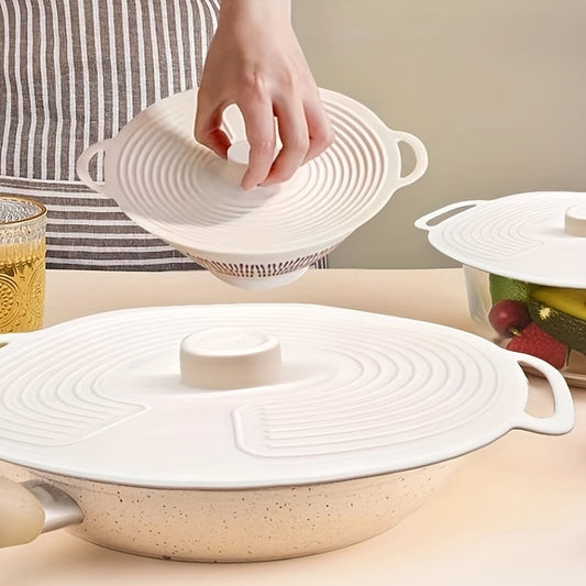 Lot 3 Couvercles Silicone Double Poignee Fermeture Ventouse - Micro-Ondes Lave-Vaisselle Antiadherent Blanc