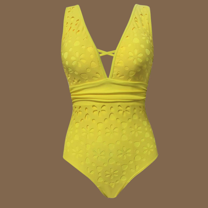 Ensemble Maillot de Bain Une Piece et Jupe de Plage Femme a Decoupes - Jaune