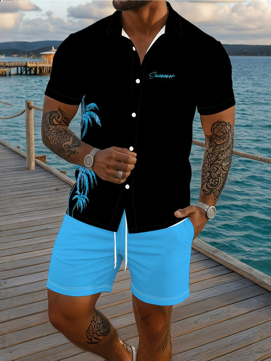 Ensemble Chemise Manches Courtes et Short Imprime Homme - Tenue Ete Decontractee