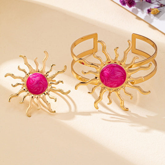 Ensemble Bracelet et Bague Tournesol Femme Alliage Electroplate - Rose Noir Violet