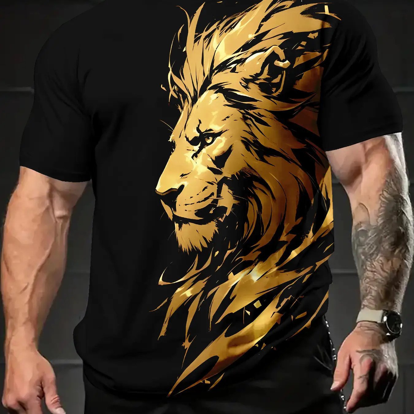 T-Shirt Homme Col Rond Manches Courtes Imprime Lion Numerique Decontracte - 100% Polyester Noir FR S-XXXL