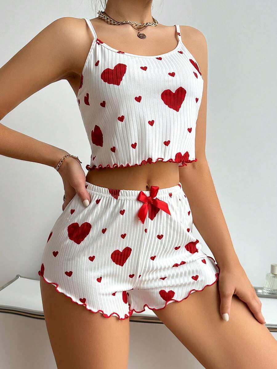 Ensemble pyjama femme bretelles et short - Tissu cotele rayures creuses, imprime coeur, style europeen