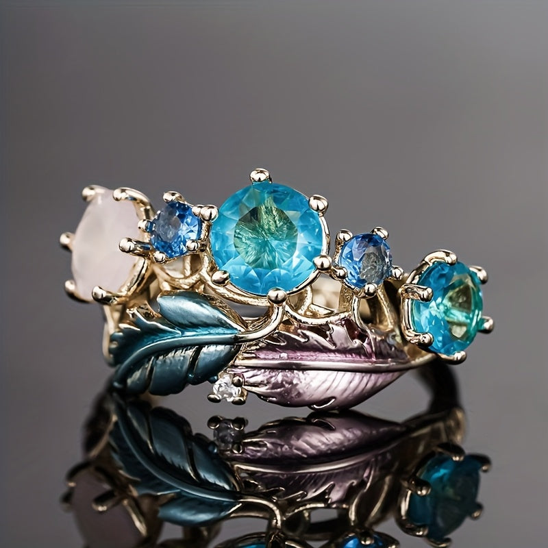 Bague Plume Vigne Doree Zircon Bleu - Bijou Boheme Femme Plaque Or