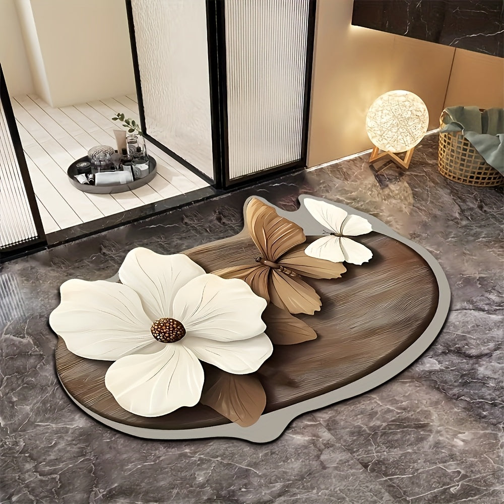 Tapis de Bain Rond Papillon Motif Floral - Antiderapant, Sechage Rapide, 100% Polyester, 40x60 ou 50x80cm