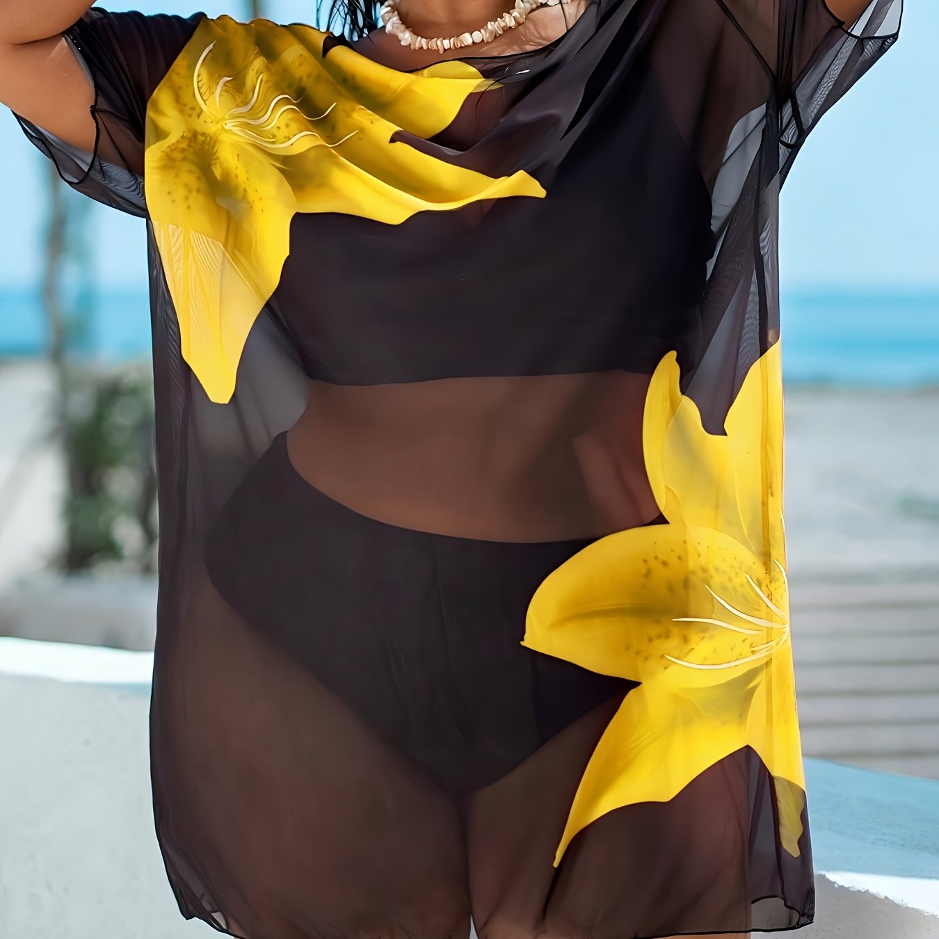 Cache-Maillot Robe de Plage Femme Grande Taille Imprime Floral Tres Extensible Semi-Transparent - 100% Polyester Decontracte Bleu Rose Jaune L-3XL