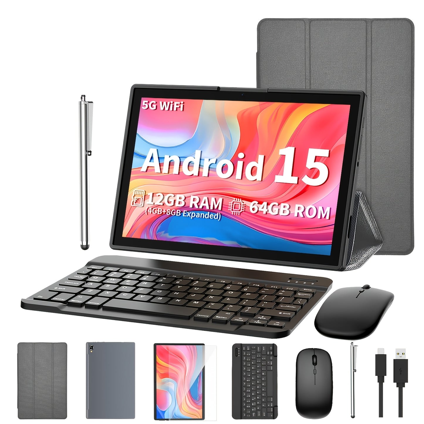 Tablette Android 15 10,1 Pouces 12Go RAM 64Go - 2-en-1 WiFi 6 Double Camera