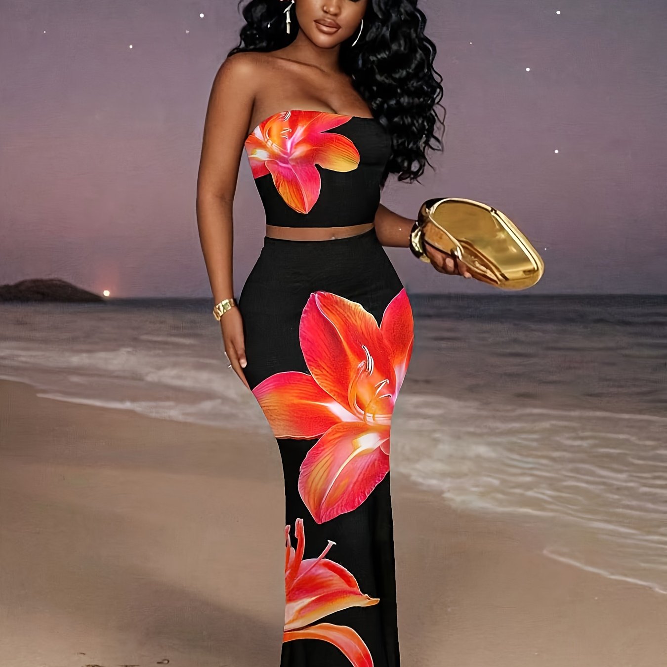 Ensemble 2 Pieces Femme Noir Sans Bretelles - Imprime Floral, Tissu Stretch, Style Elegant, XS au XL