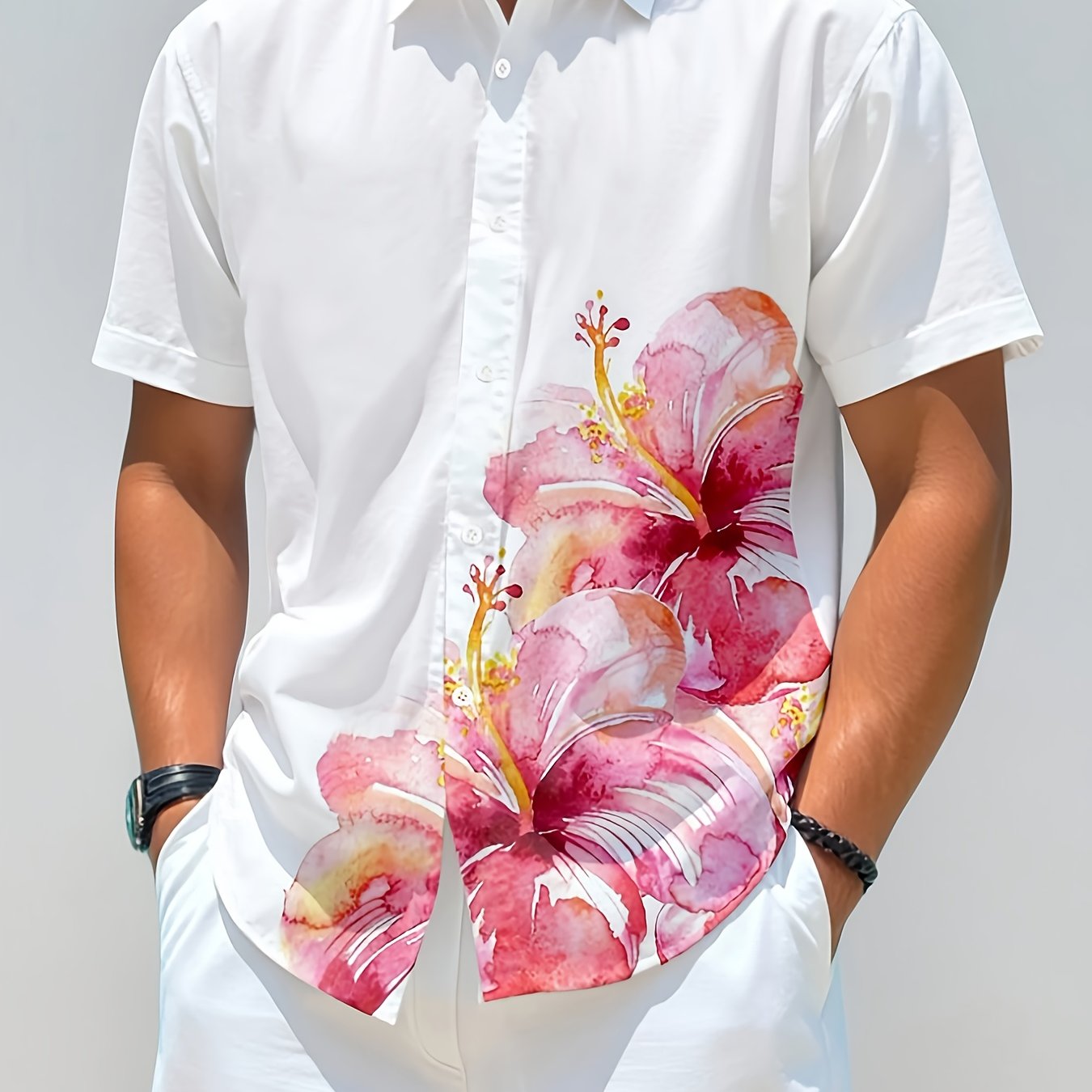 T-Shirt Homme Manches Courtes Col a Revers Imprime Floral - Boutons, 100% Polyester, Style Decontracte, Blanc, FR S au FR XXL