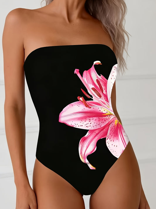 Maillot de Bain 1 Piece Femme Bandeau Epaules Denudees Imprime Floral - Rembourrage Amovible, Tissu Stretch, Noir, S au XL