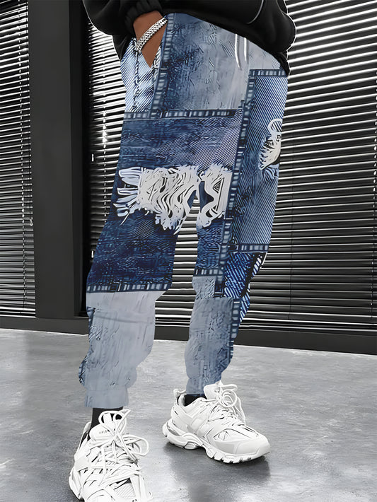 Pantalon jogging homme denim patchwork delave - Ourlet effiloche, poches dechirees, polyester stretch, bleu