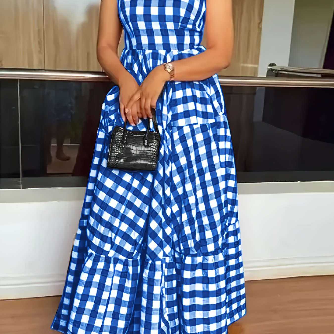 Robe ete femme carreaux sans manches - Col rond, coupe ajustee evasee, jupe multicouche, boutons, bleu ou noir, S a XXL