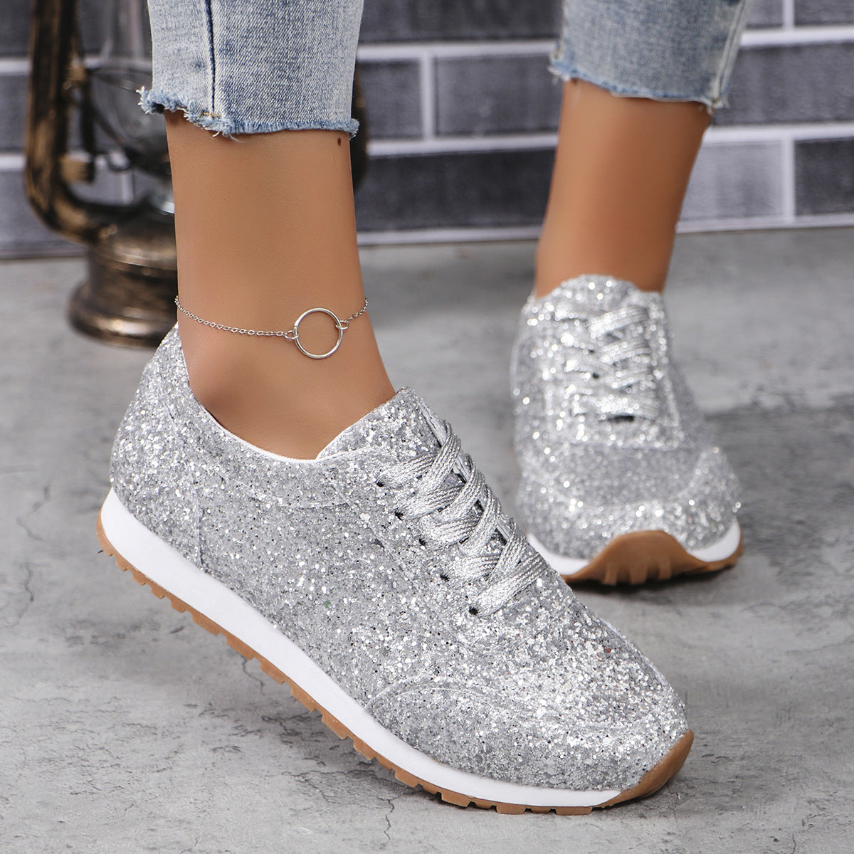 Chaussures Plates Paillettes Femme – Lacets, Bout Rond, Semelle Caoutchouc