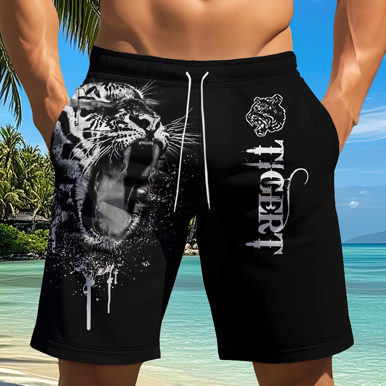 Short Homme Plage Ete Motif Tigre Feroce Geometrique - 95% Polyester Elasthanne Coupe Standard Bleu Noir FR S-XXL