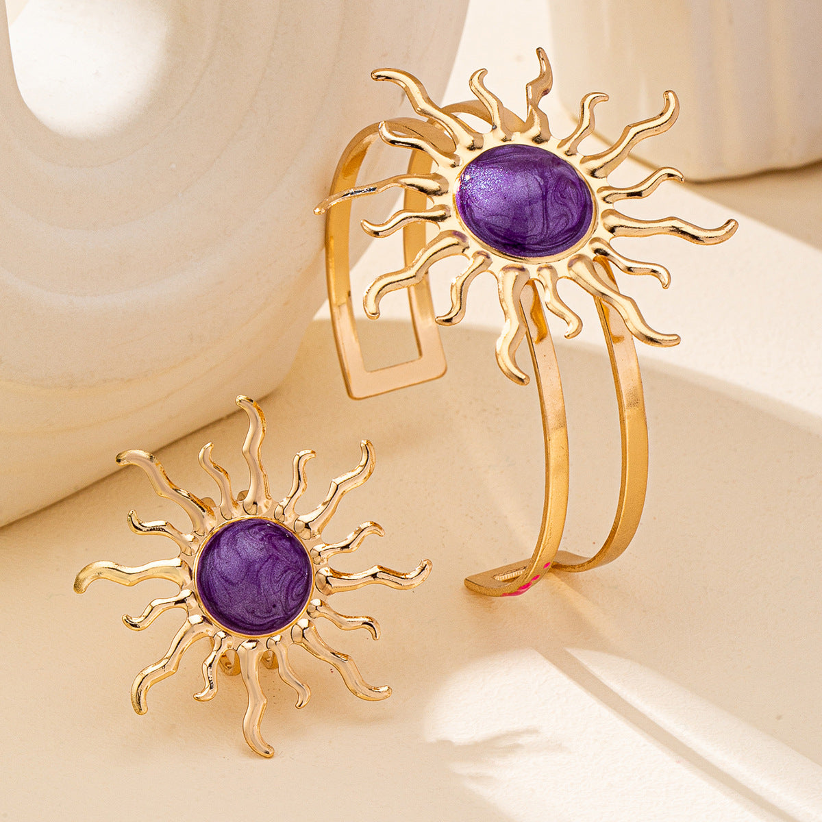 Ensemble Bracelet et Bague Tournesol Femme Alliage Electroplate - Rose Noir Violet