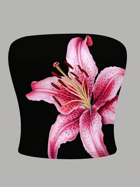 Top Bandeau Femme Imprime Floral Lys - Style Decontracte, Tissu Stretch, Multicolore, S au XXL