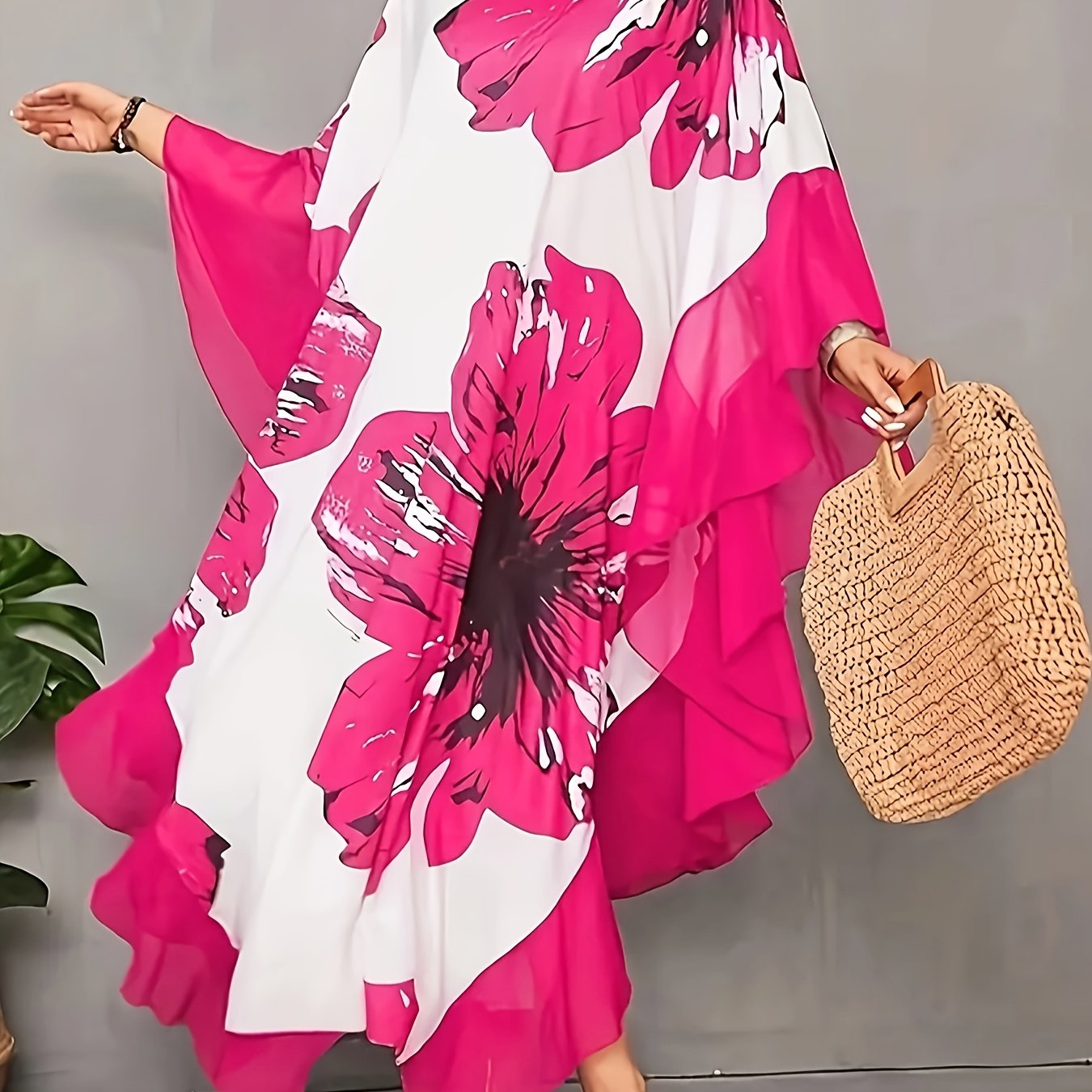 Robe Longue Femme Grande Taille Col en V Volants Motif Floral 100% Polyester - Style Vacances Ete Rose L-5XL