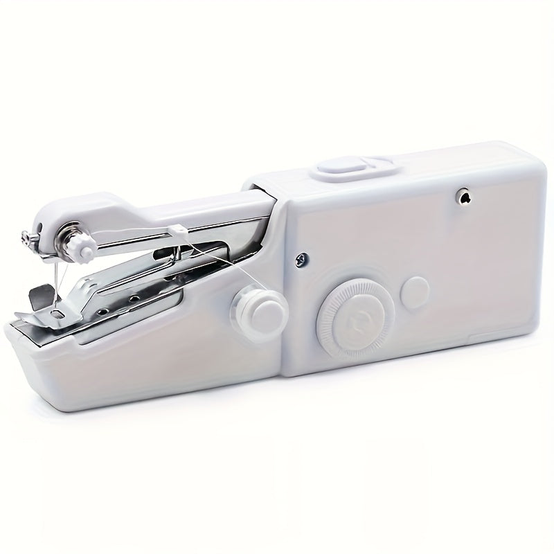Portable and compact sewing machine in white, featuring a thread spool, tension dial, and a side view of the needle area.