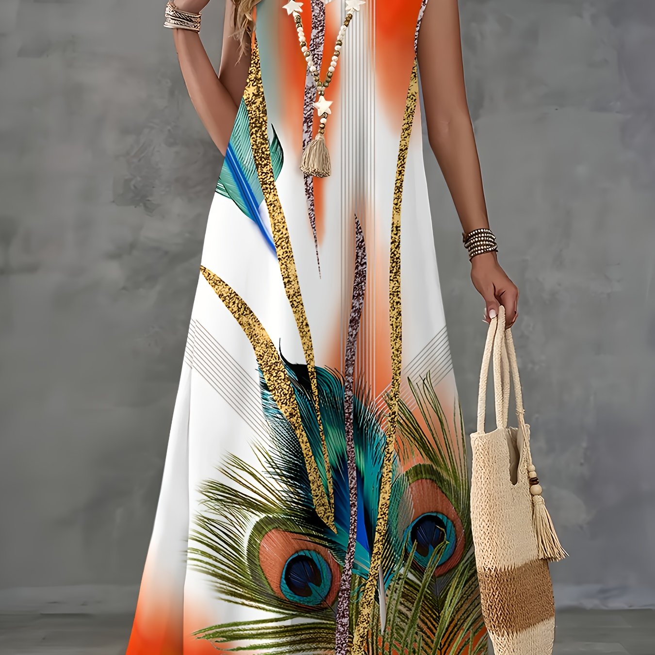 Robe Femme Col en V Motif Plume – Style Vacances, Printemps/Été