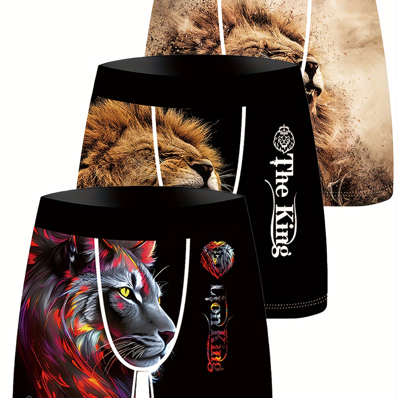 Lot de 3 Boxers Shorty Homme — Fibre Ice Sliky, 95% Polyester, Imprimé Lion, S-XXXL