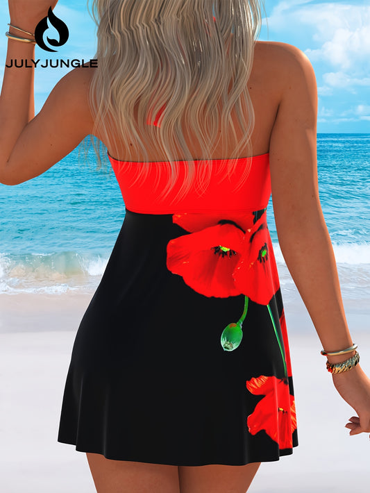 Tankini Femme Floral Epaules Denudees a Lacets - Maillot Deux Pieces Extensible Plage