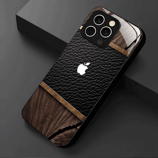 Coque iPhone Verre Trempé Logo Apple – Design Bois, Impression UV, Protection Objectif