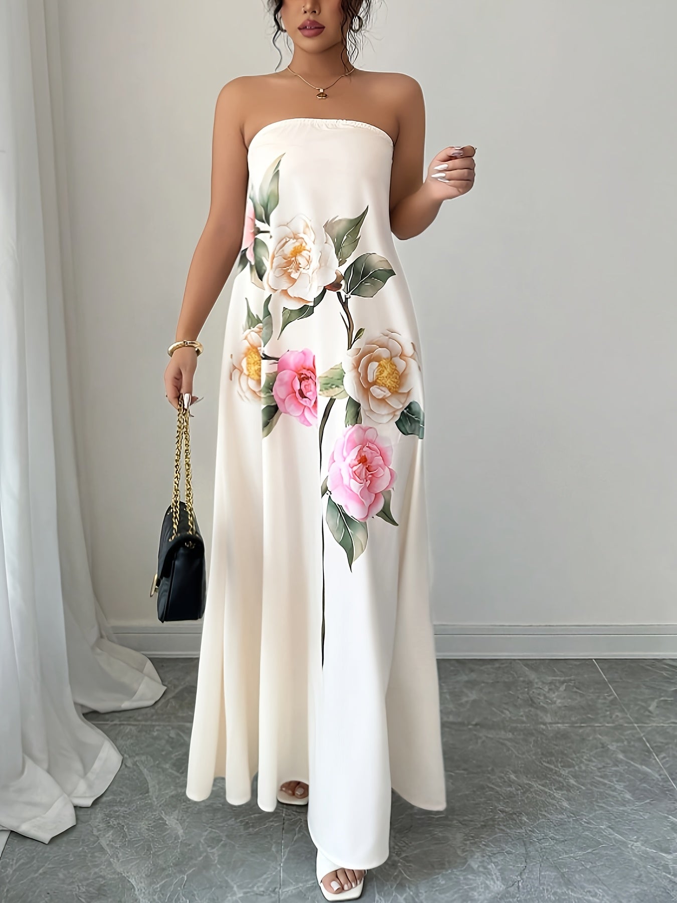 Robe Tunique Femme Elegante Imprime Floral Epaules Denudees – Style Ete Chic, Blanc | S au XL