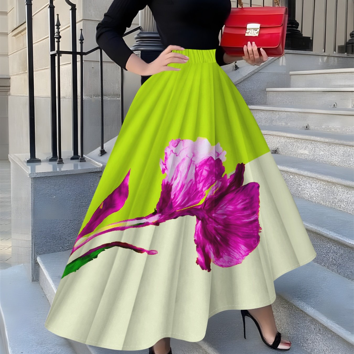 Jupe Mi-Longue Femme Imprimée Orchidées Roses – Style Élégant, Toutes Saisons