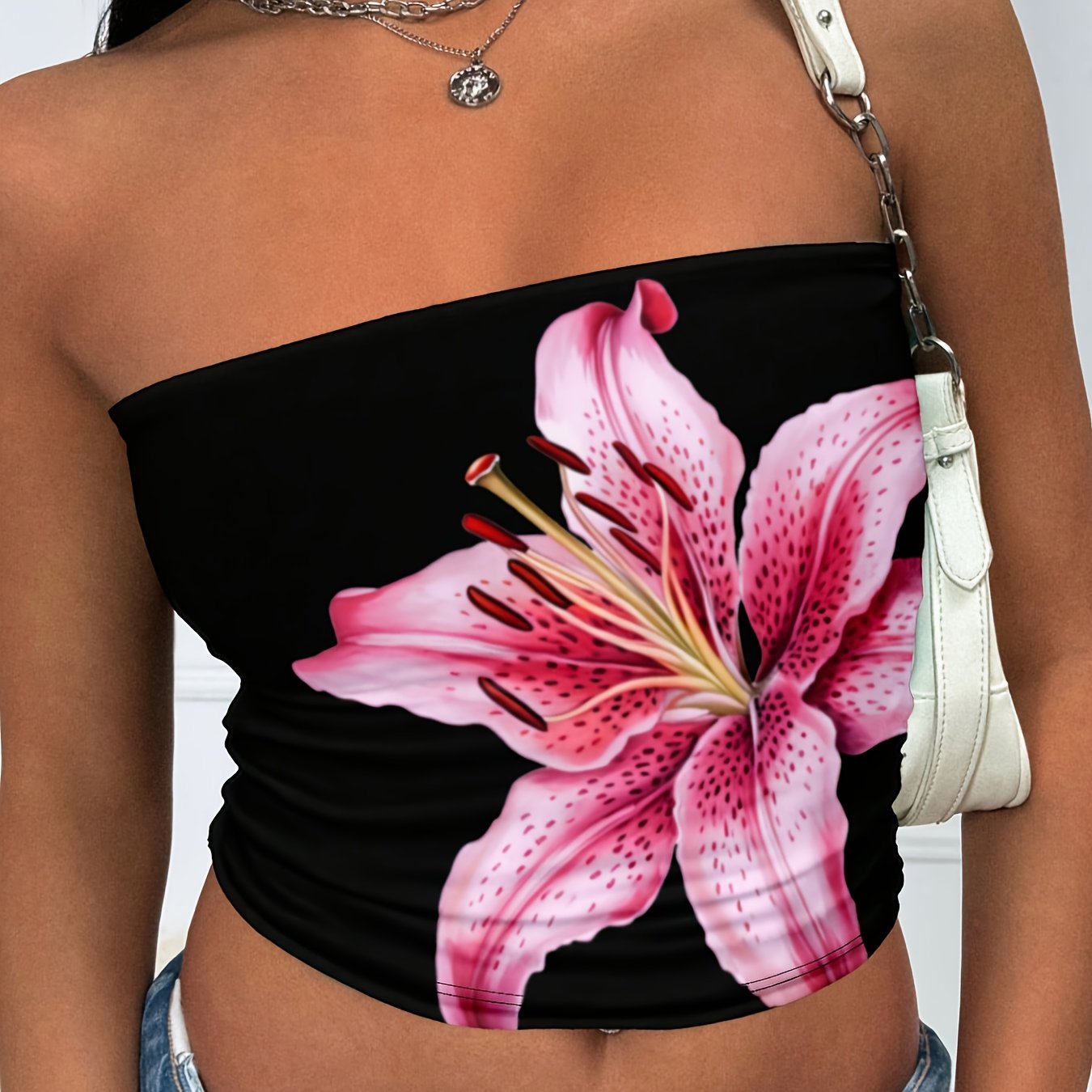 Top Bandeau Femme Imprime Floral Lys - Style Decontracte, Tissu Stretch, Multicolore, S au XXL