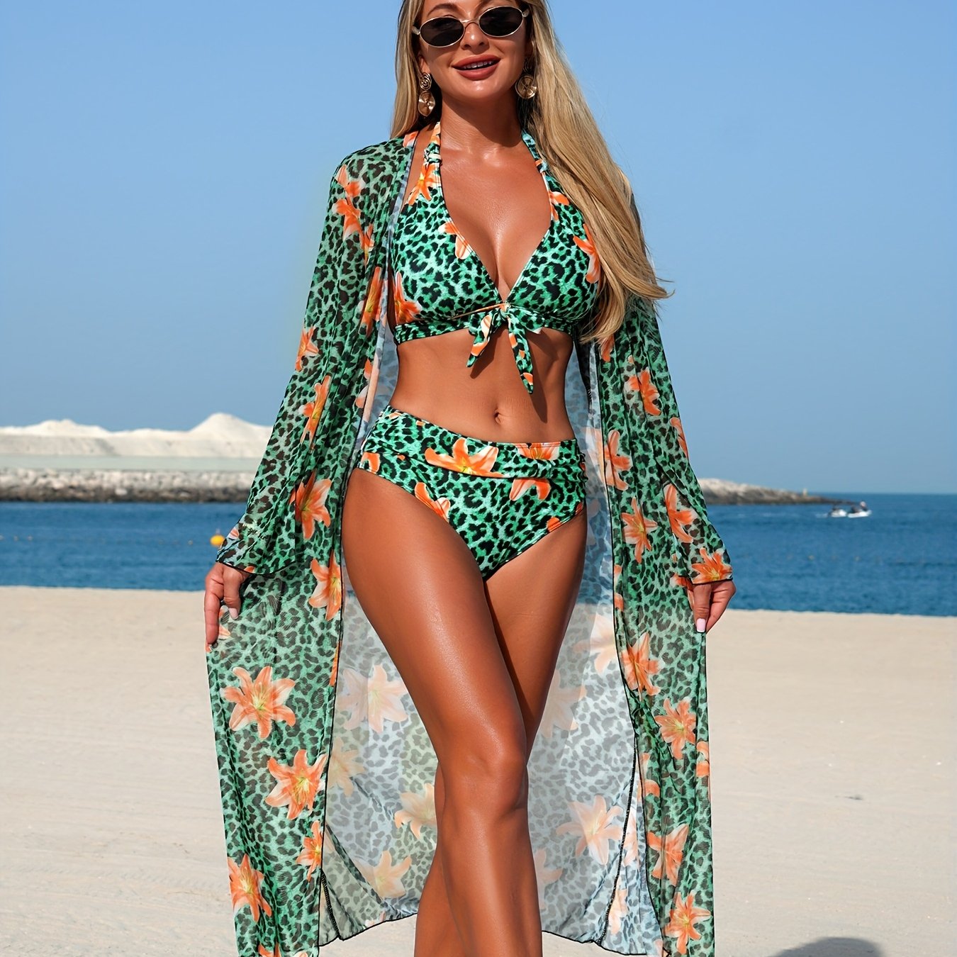 Bikini Femme Col V Manches Longues Imprime Integral Aleatoire - 82% Polyester Elasthanne Tres Extensible Vert S-XXL