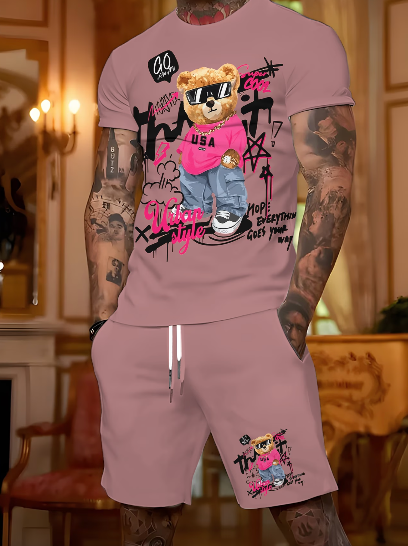 Ensemble 2 Pieces Homme T-shirt Col Rond Imprime Coupe Reguliere