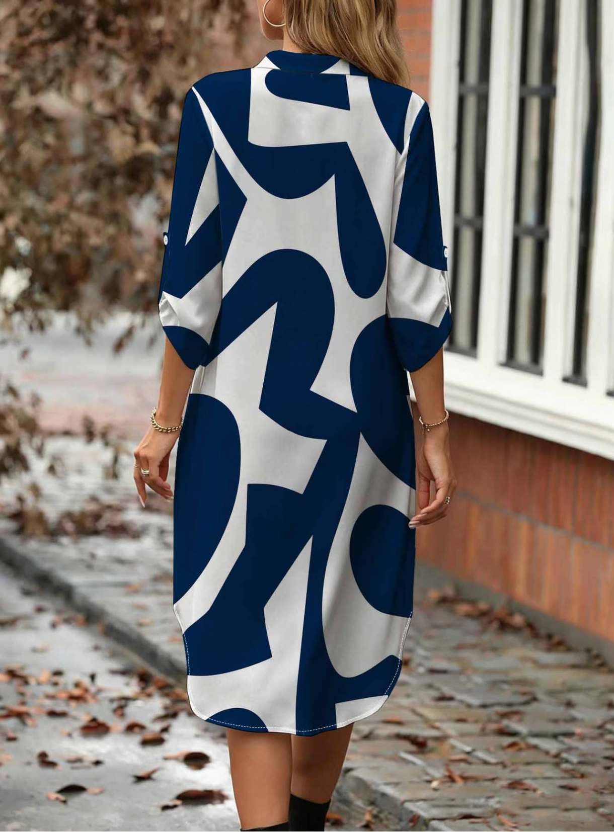 Robe-Chemise Grande Taille Femme Imprimé Géométrique - Mi-Longue Manches 3/4 Bleu Marine