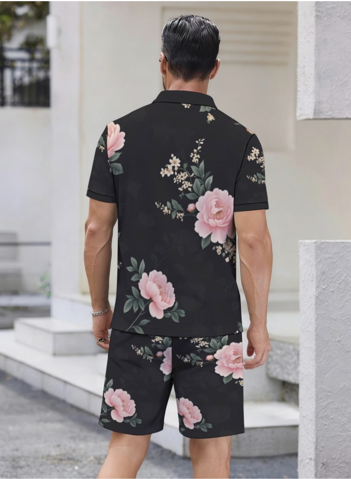 Ensemble 2 Pièces Homme Grande Taille Polo + Short Imprimé Floral - Polyester Extensible Col Revers Boutons FR 2XL à 7XL