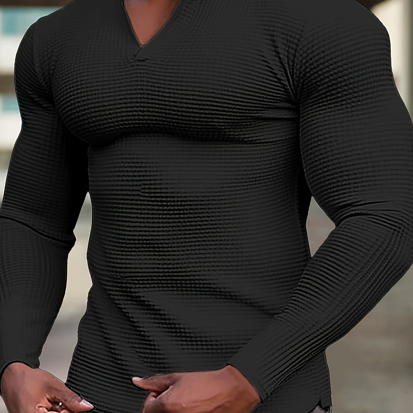 T-Shirt Homme Manches Longues Col en V Gaufre - Slim, 100% Polyester, Blanc Beige Noir, S-XXXL