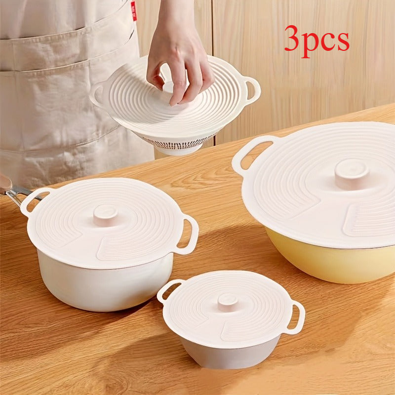 Lot 3 Couvercles Silicone Double Poignee Fermeture Ventouse - Micro-Ondes Lave-Vaisselle Antiadherent Blanc