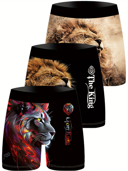 Lot de 3 Boxers Shorty Homme — Fibre Ice Sliky, 95% Polyester, Imprimé Lion, S-XXXL