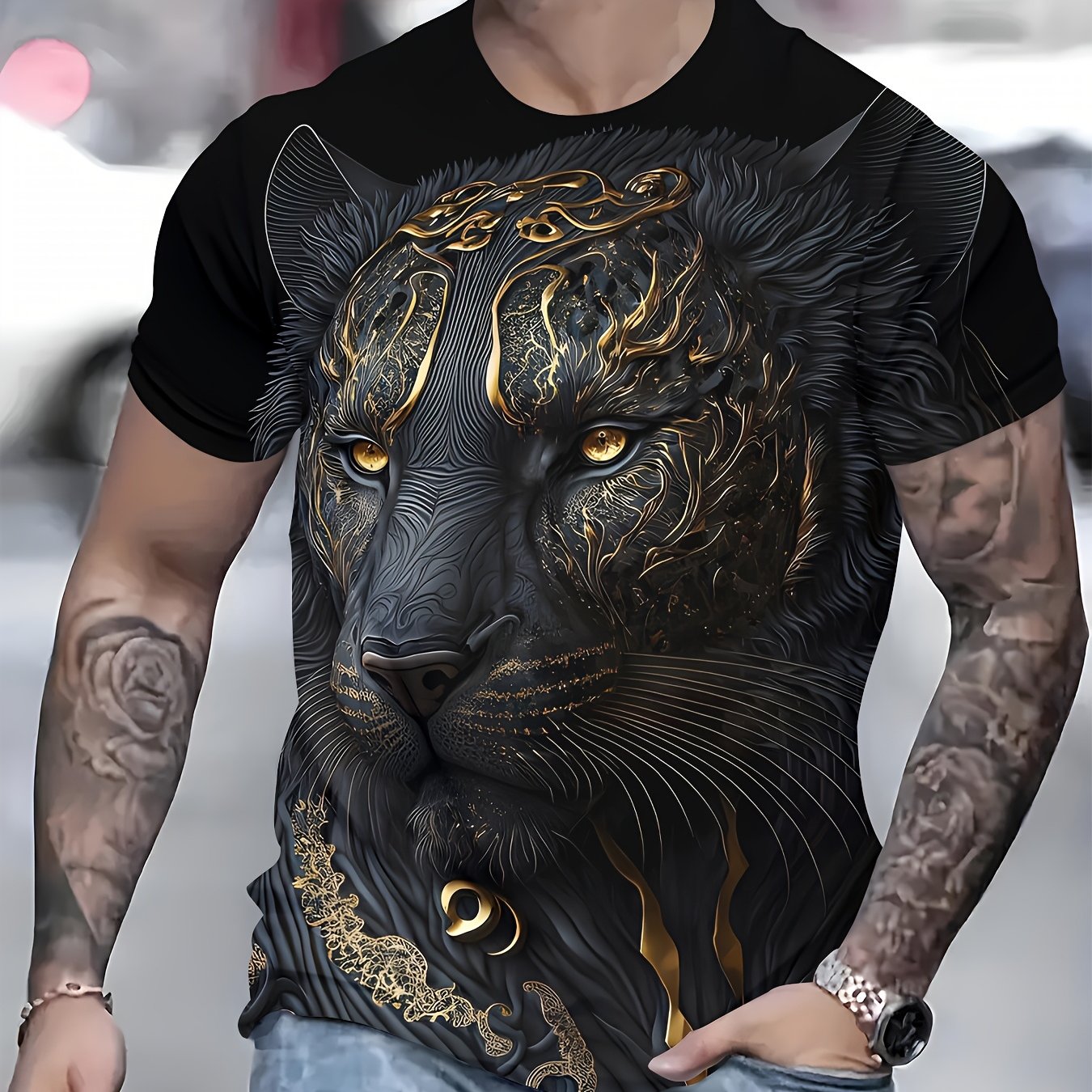 T-Shirt Sport Homme Col Rond Imprime Integral Aleatoire - 100% Polyester Coupe Standard Noir FR S-XXL