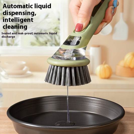 Brosse vaisselle ergonomique distributeur savon integre - Manche allonge, tete interchangeable, plastique, vert