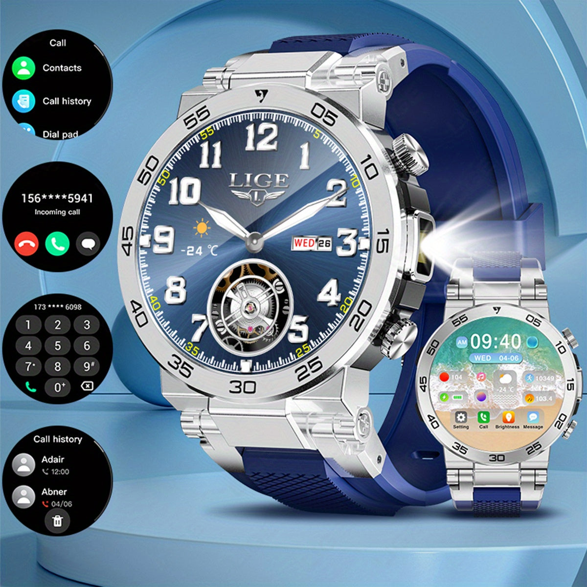 Montre Connectée LIGE Homme — Cadran Rond, Bracelet Silicone, Chronomètre, 3 Coloris