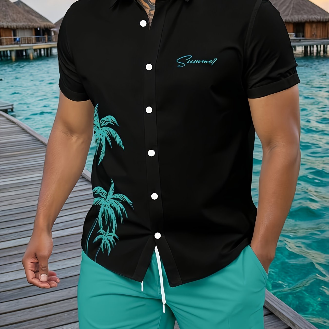 Ensemble Chemise Manches Courtes et Short Imprime Homme - Tenue Ete Decontractee
