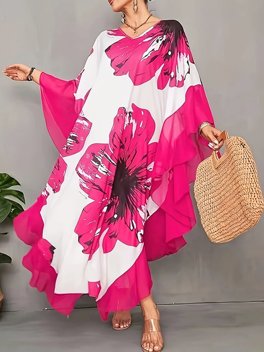 Robe Longue Femme Grande Taille Col en V Volants Motif Floral 100% Polyester - Style Vacances Ete Rose L-5XL