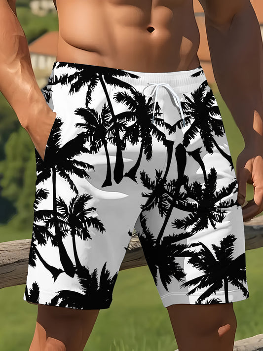 Short Homme Motif Cocotier – Noir sur Fond Blanc, 100% Polyester & Coupe Décontractée | FR S à XXL