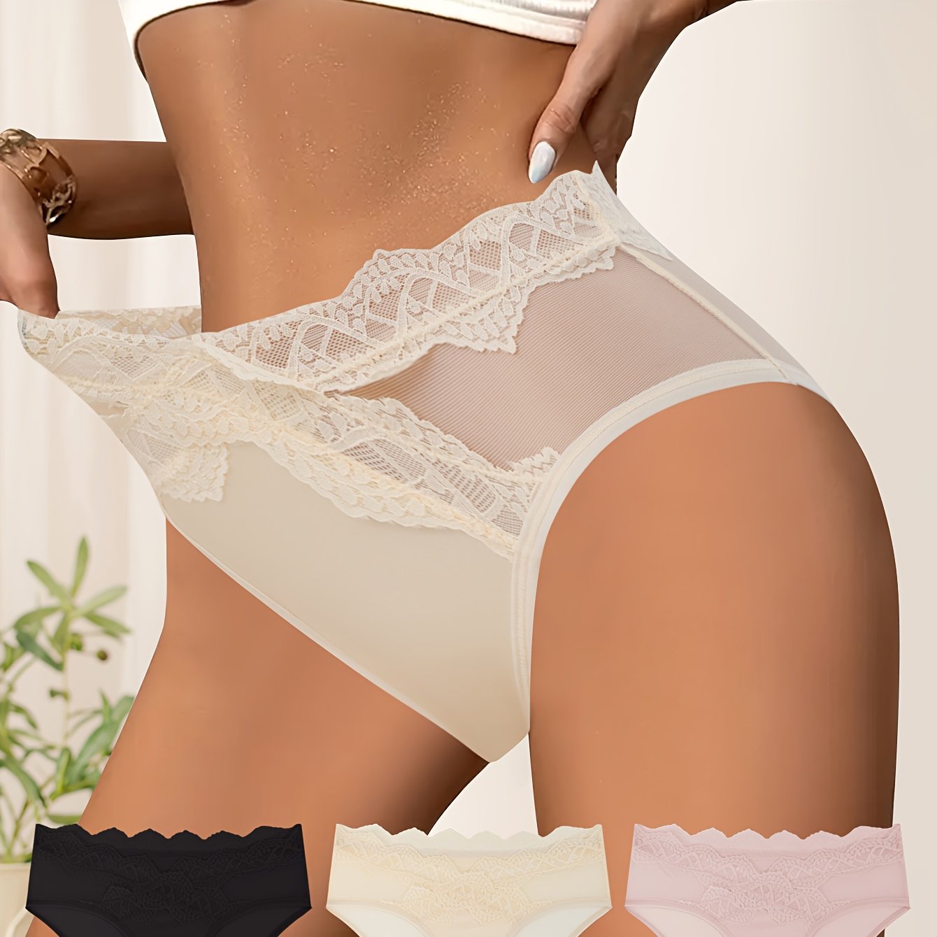 Lot de 3 Culottes Femme en Dentelle Patchwork - Brief Mi-Haute, Style Sexy