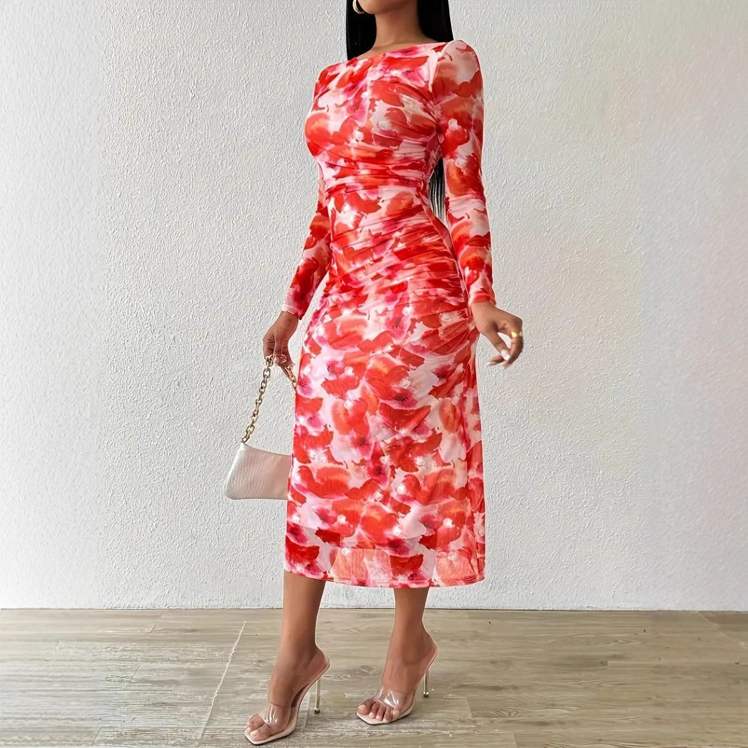 Robe Longue Imprimee Geometrique Maille - Col Rond, Manches Longues, Style Decontracte Chic