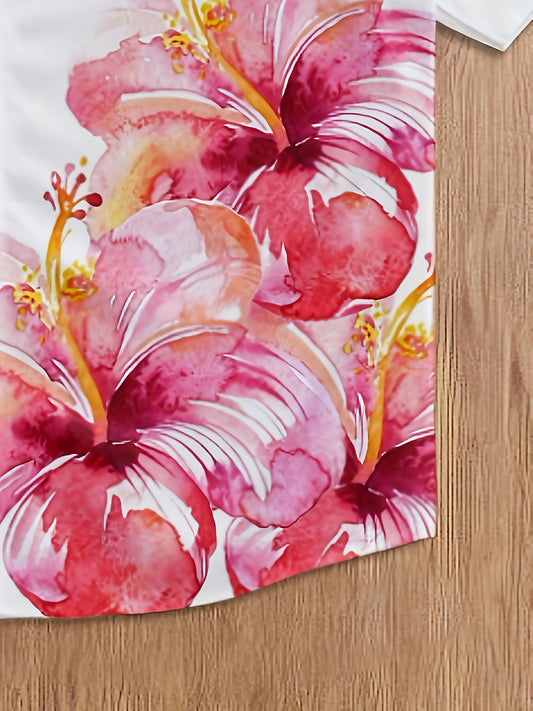 T-Shirt Homme Manches Courtes Col a Revers Imprime Floral - Boutons, 100% Polyester, Style Decontracte, Blanc, FR S au FR XXL